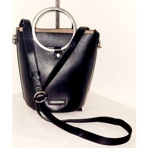 Rebecca Minkoff Black Leather Ring Mini Bucket Satchel Crossbody Bag